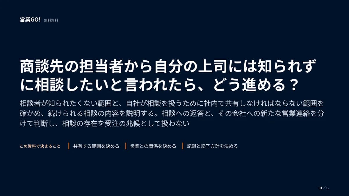 商談先の担当者から自分の上司には知られずに相談したいと言われたら、どう進める? 表紙