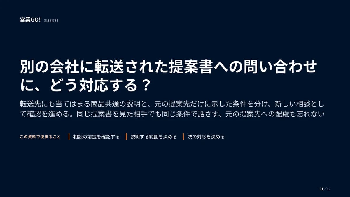 別の会社に転送された提案書への問い合わせに、どう対応する? 表紙