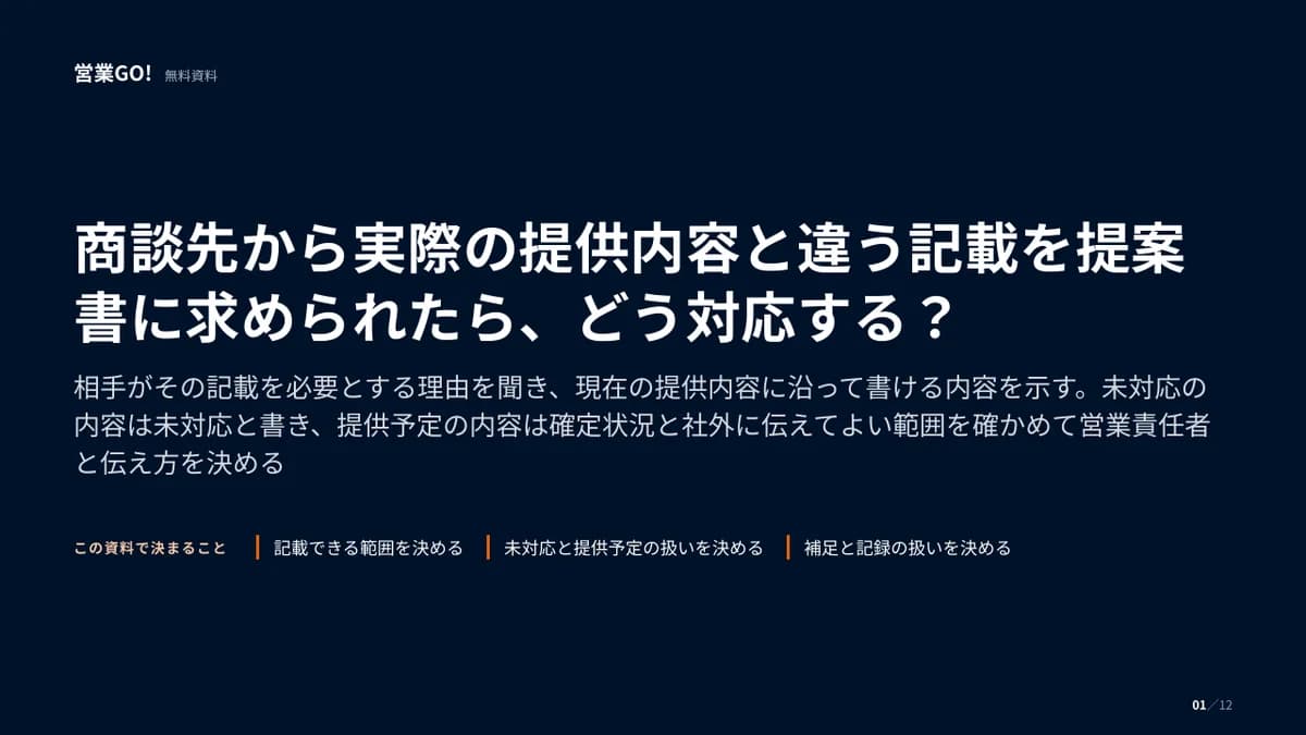 商談先から実際の提供内容と違う記載を提案書に求められたら、どう対応する? 表紙