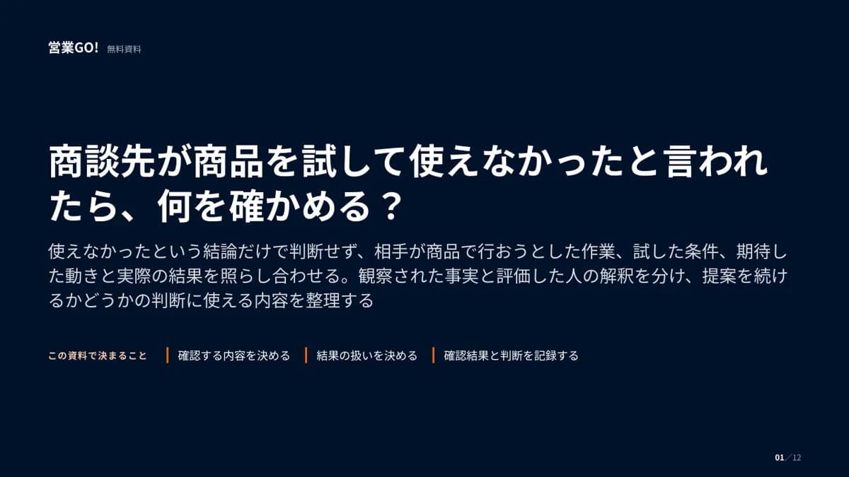 商談先が商品を試して使えなかったと言われたら、何を確かめる? 表紙