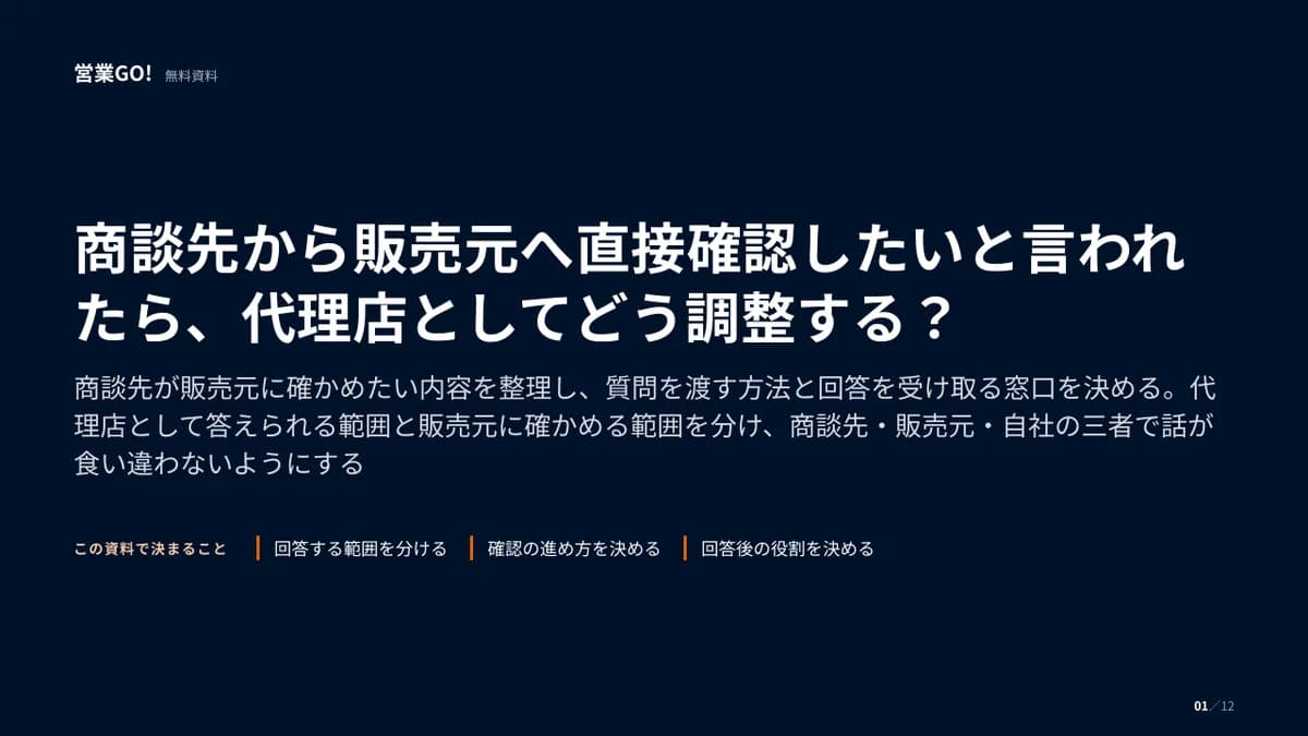 商談先から販売元へ直接確認したいと言われたら、代理店としてどう調整する? 表紙