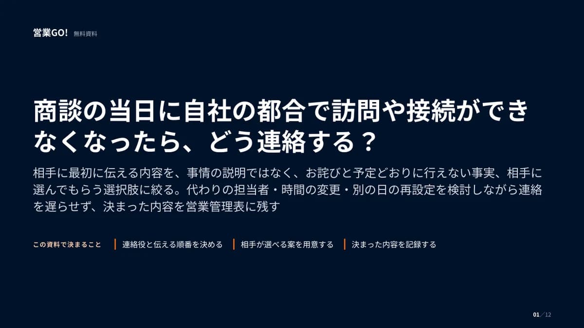商談の当日に自社の都合で訪問や接続ができなくなったら、どう連絡する? 表紙