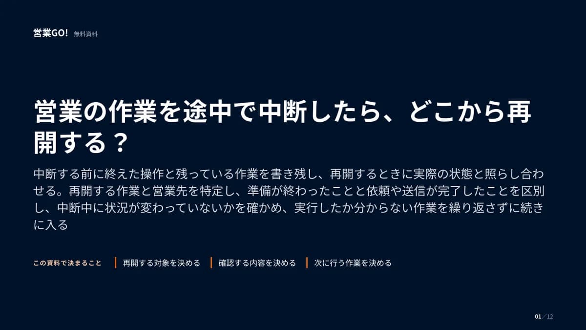 営業の作業を途中で中断したら、どこから再開する? 表紙